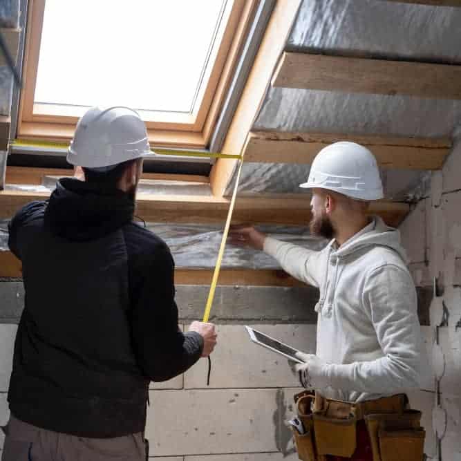 Roof inspection by construction workers with safety helmets and tools.