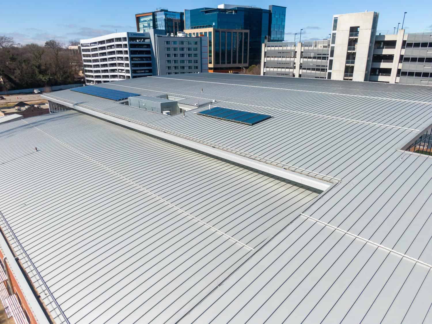 Standing seam metal roof on a commercial building