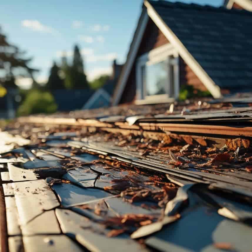 Damaged roof shingles with fallen leaves, roofing repair by Amber Peak Roofing.