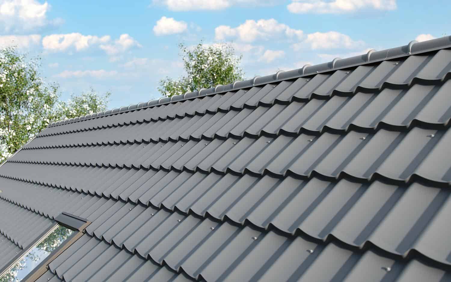 Close-up of a dark metal tile roof