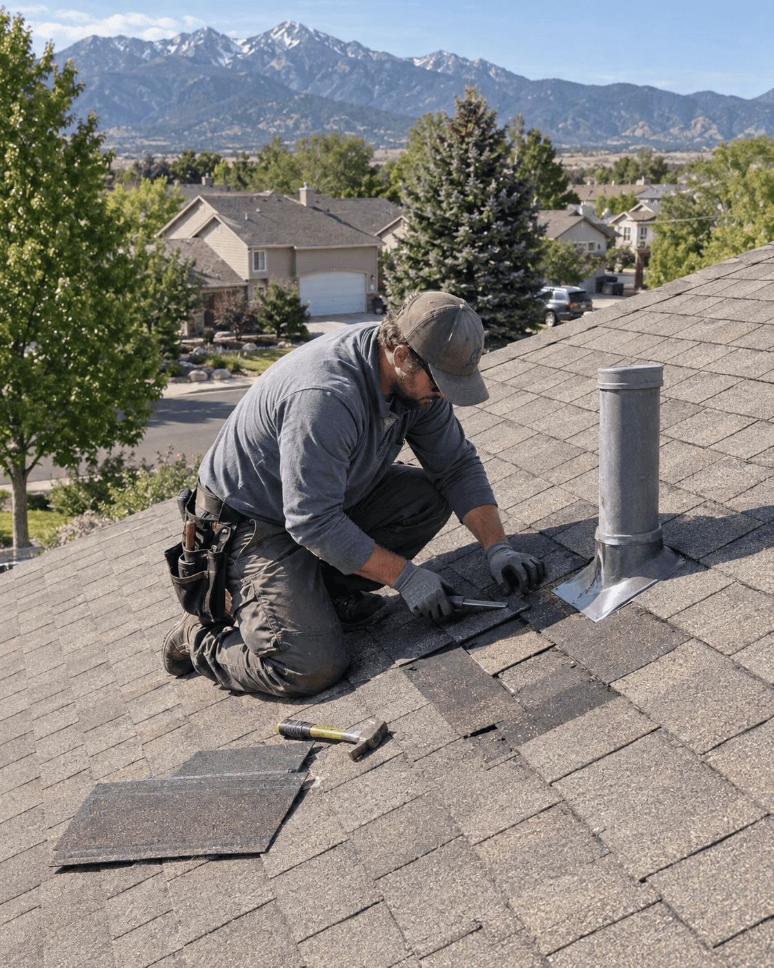 Roofing professional inspecting and sealing a roof vent pipe.