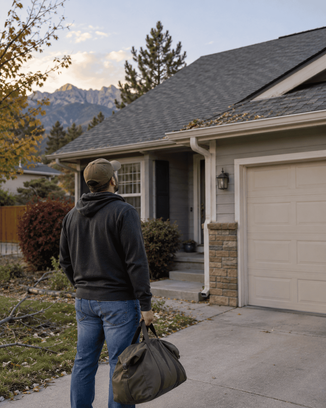 Homeowner walking to house with a bag, suburban setting, mountain background.
