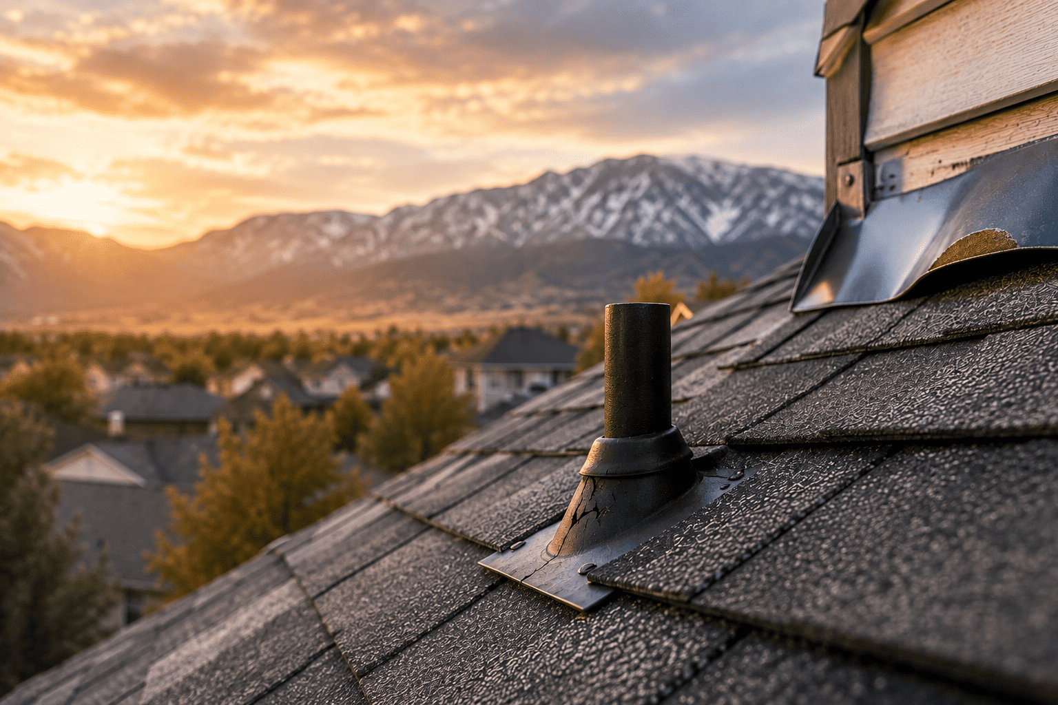 Roof ventilation pipe on asphalt shingle roof at sunset.